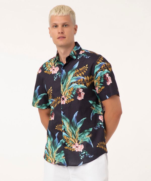 Camisa Relaxed de Algodão Floral Manga Curta Azul Marinho M