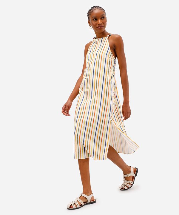 vestido midi feminino de algodão com fendas listrado vivi olimo bege M