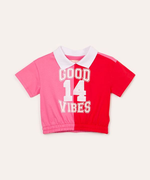 blusa de algodão infantil college com paetê gola esporte manga curta rosa 8