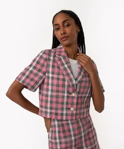 blazer de tweed cropped xadrez manga curta rosa GG