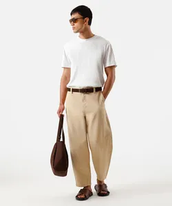 calça barrel masculina de sarja cós elástico bege 48