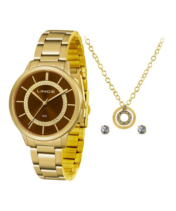 Kit de Relógio Analógico Lince Feminino + Colar + Par de Brincos - LRGJ077L KV32N1KX Dourado Único
