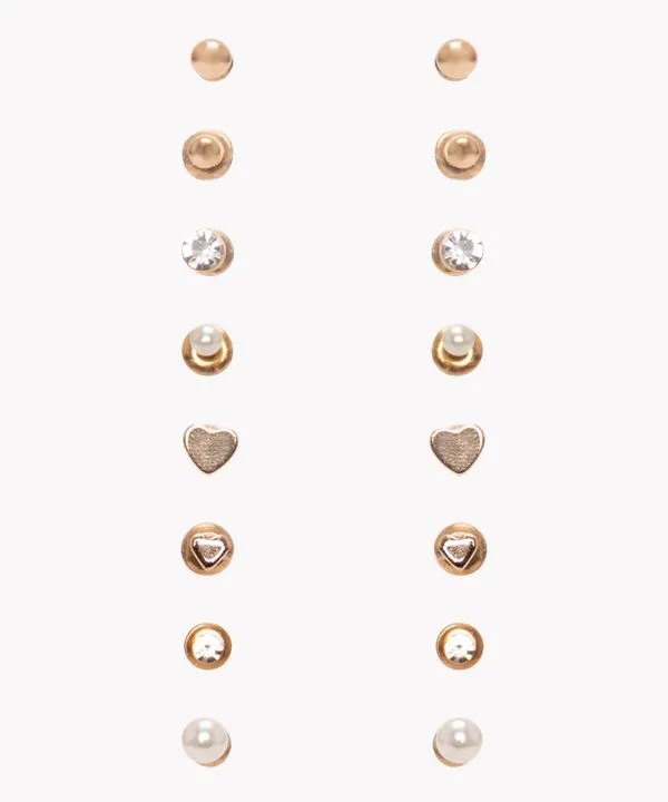kit de 8 pares de brincos strass e coração dourado Único
