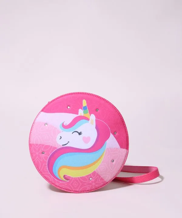 Bolsa Infantil Redonda Estampada de Unicórnio Rosa Único