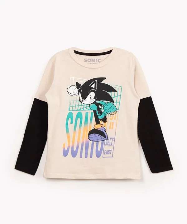 camiseta infantil de algodão manga longa sonic bege 8