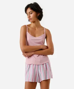 short feminino de pijama em viscose listrado rosa PP
