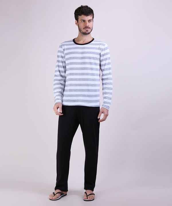 Pijama Masculino Camiseta Estampada Listrada Manga Longa Gola Careca Cinza Mescla G