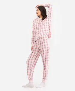 pijama longo feminino de plush xadrez rosa M