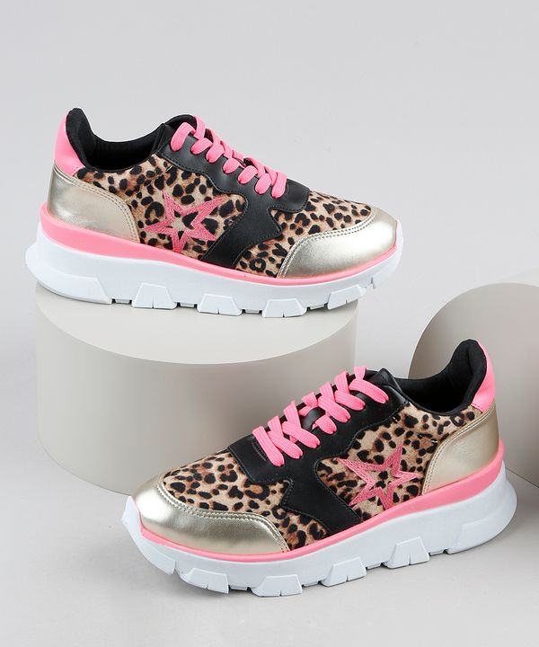 Tênis Feminino Oneself Sneaker Chunky Estampado Animal Print Onça com Recortes Bege 37