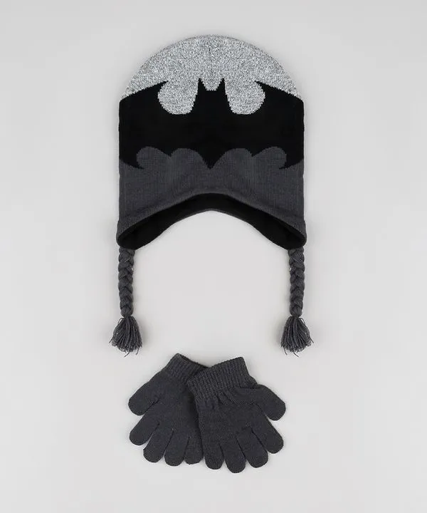 Kit Infantil de Gorro Batman + Luva em Tricô Cinza Mescla Escuro Único