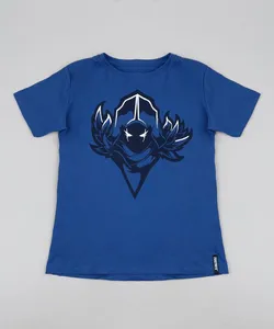 Camiseta Juvenil Corvo Fortnite Manga Curta Azul PP