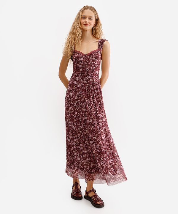 vestido midi feminino de tule floral marrom P