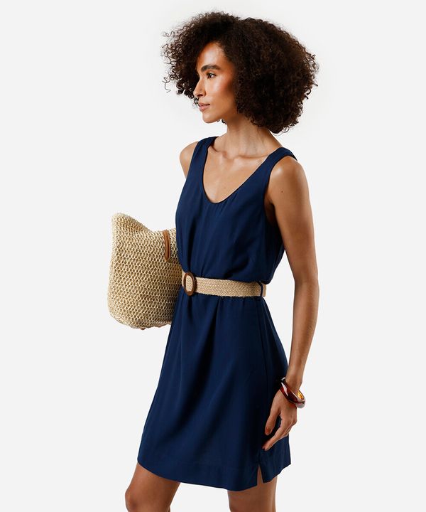 vestido curto feminino de viscose com cinto azul PP