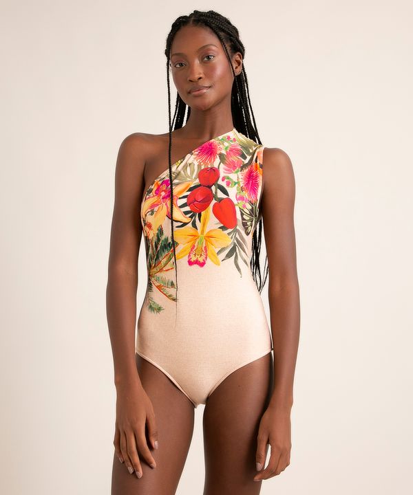 maiô body estampado flor de jambo um ombro só proteção uv50+ além dos mares salvador preta gil bege P
