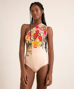 maiô body estampado flor de jambo um ombro só proteção uv50+ além dos mares salvador preta gil bege GG