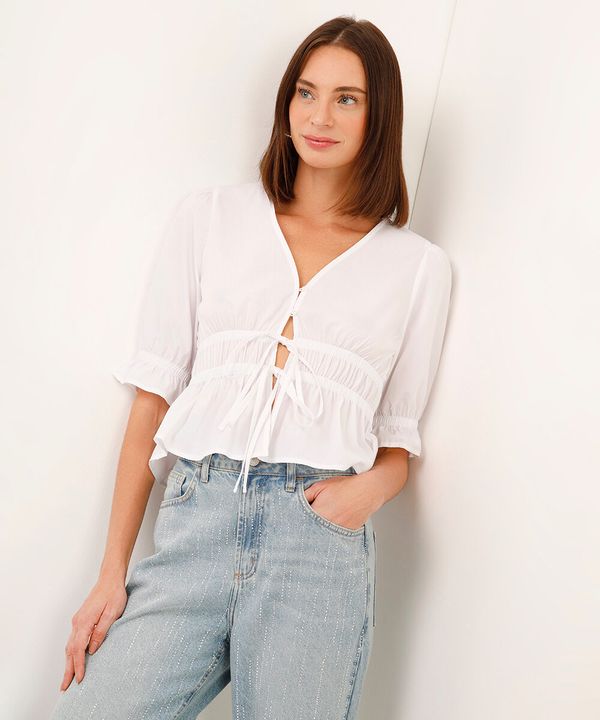 blusa bata manga bufante com laços off white G