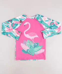 Blusa de Praia Infantil Raglan Flamingo Estampado de Folhagem Manga Longa com Proteção UV50+ Off White 10