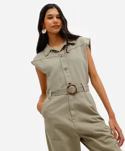 macacão feminino de sarja com cinto verde PP