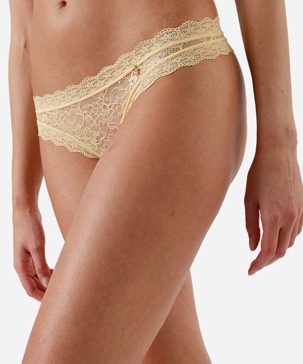 calcinha fio dental feminina de renda floral amarela M