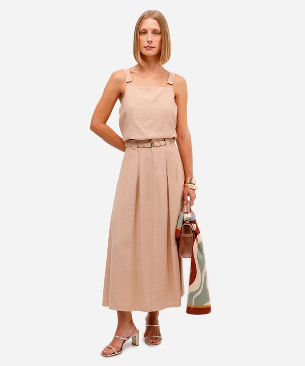saia midi feminina de viscose com cinto bege 42