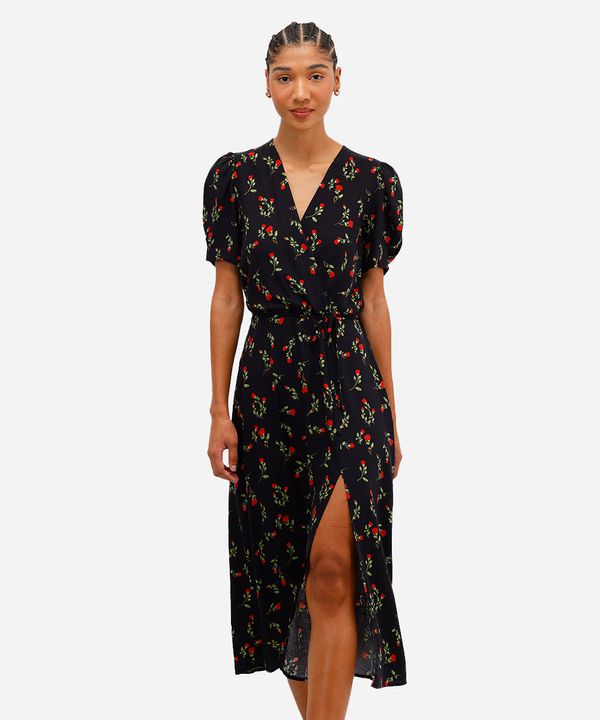 vestido midi de viscose com fenda floral preto PP