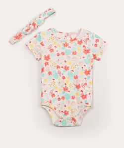 body infantil manga curta floral + faixa off white 9-12