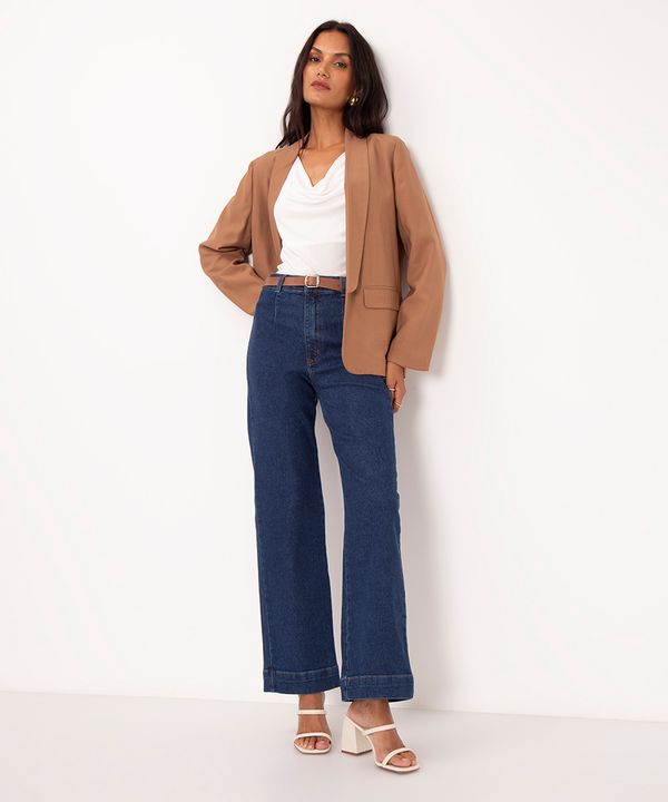 calça jeans wide leg slim cintura super alta com cinto azul escuro 42