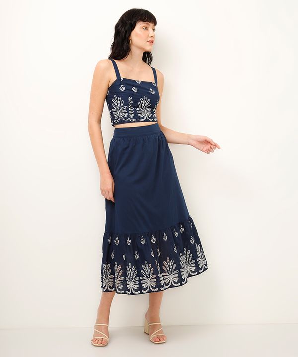saia midi com bordado azul M