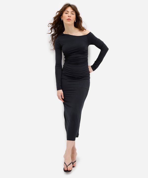 vestido midi feminino ombro a ombro franzido preto G