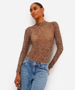 body feminino de tule gola alta animal print bege M