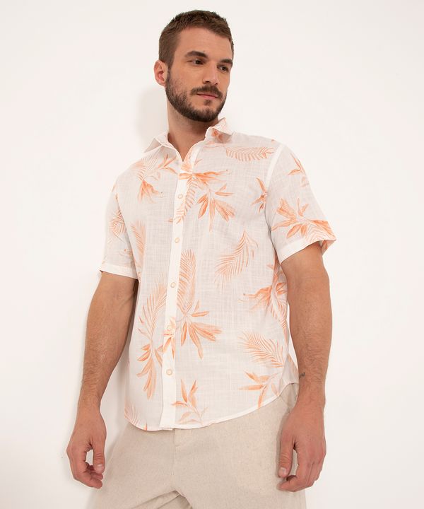camisa com linho manga curta folhagem branco M