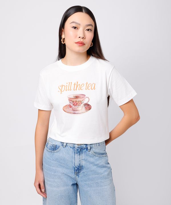camiseta feminina de algodão spill the tea mindset off white PP