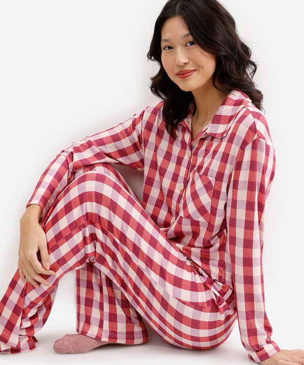 pijama americano longo xadrez rosa P