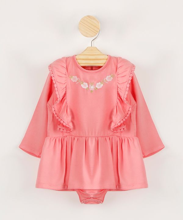 Body Saia Infantil de Viscose Bordado Flores Manga Longa Rosa 0-3