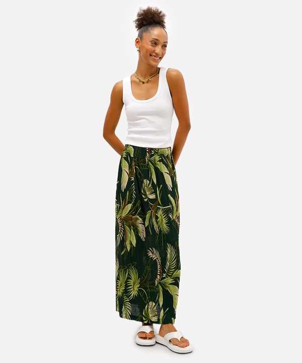 saia longa feminina folhagens plissada verde PP