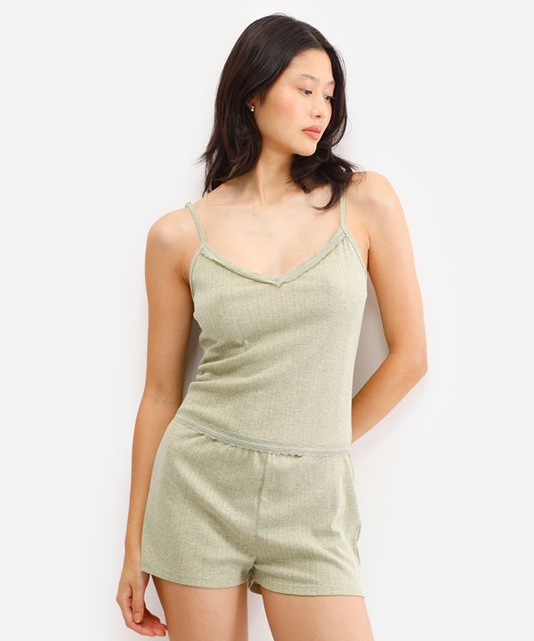 short doll feminino texturizado com renda verde PP