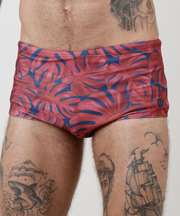 Sunga Masculina Tradicional Estampada de Folhagem Proteção UV50+ Azul Marinho P