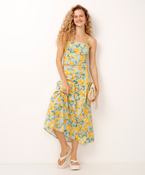 saia midi de algodão estampada limões azul 42