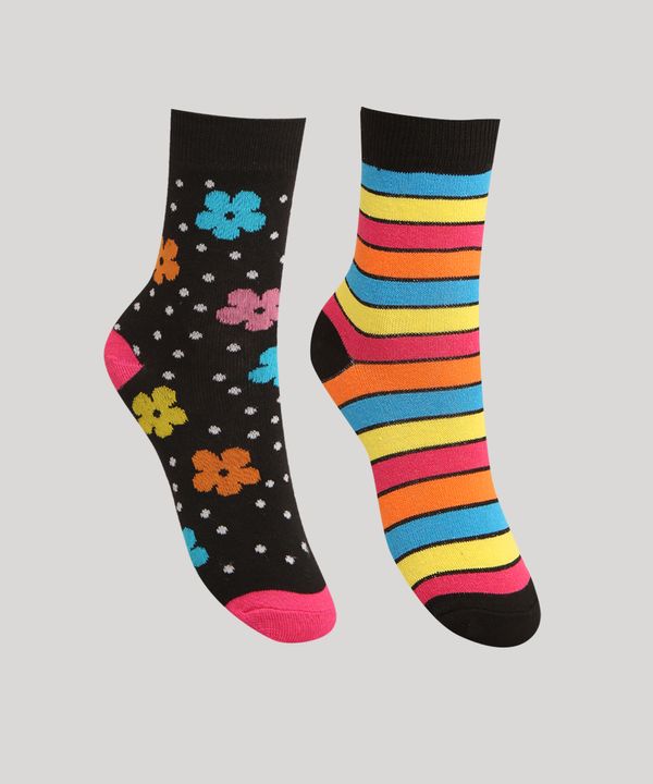 Kit de 2 Meias Cano Médio Estampada Listrado e Floral Multicor 34-37
