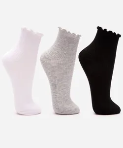 kit de 3 meias femininas cano médio canelada colorida 34-39