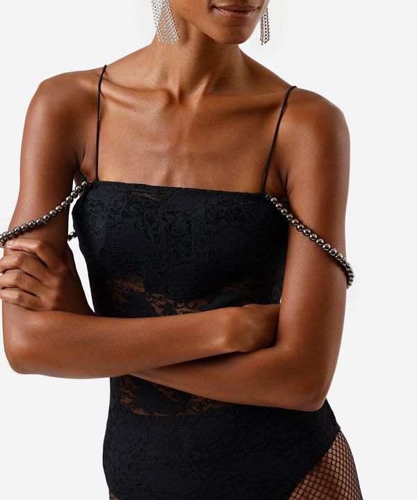 body feminino de renda com pérolas preto XXG