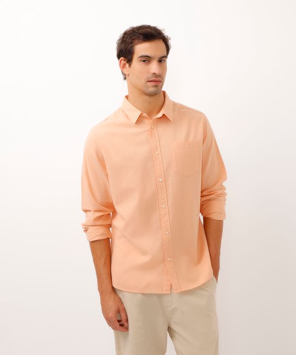 camisa comfort com linho manga longa laranja M