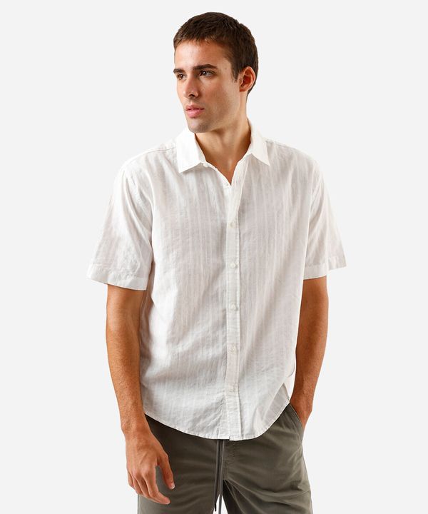 camisa masculina de algodão manga curta texturizada listrada off white G