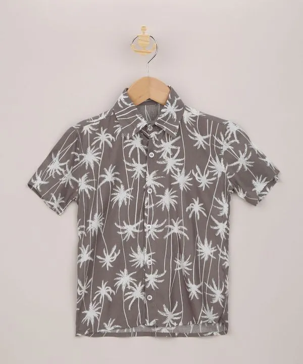 Camisa Infantil Estampada de Coqueiros Manga Curta Marrom Claro 10