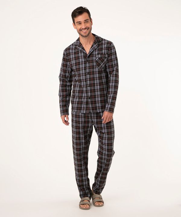 pijama em flanela xadrez camisa manga longa azul marinho G