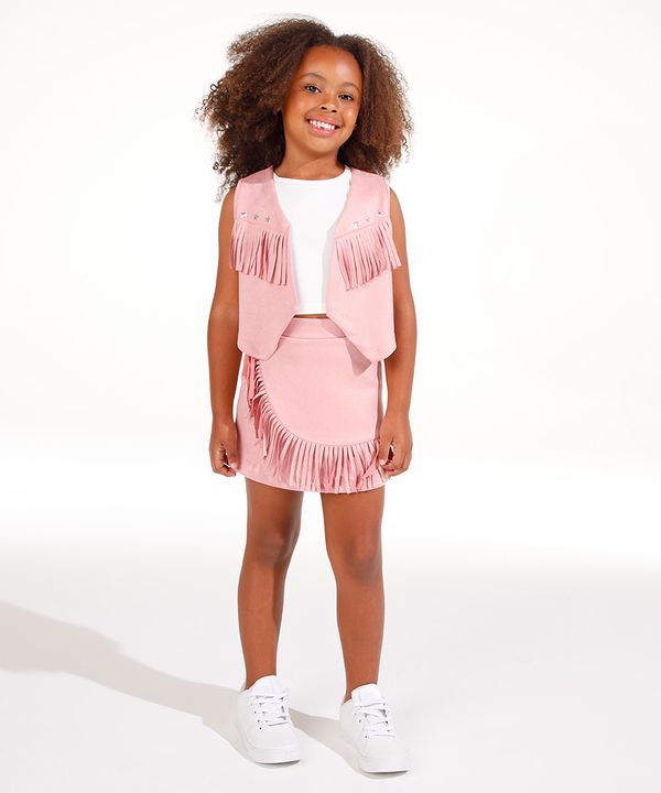 saia curta de suede infantil com franjas rosa 4