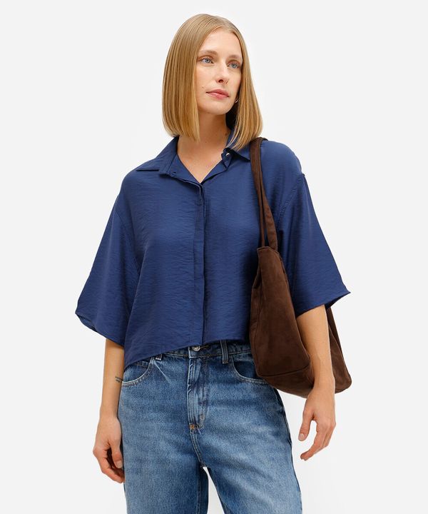 camisa feminina de viscose manga curta texturizada azul M