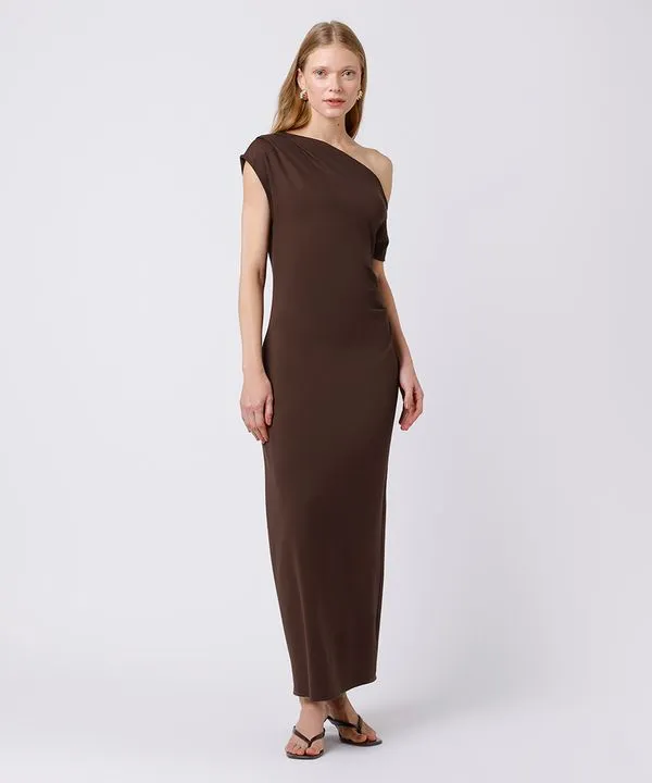 vestido midi feminino assimétrico com pregas mindset marrom M