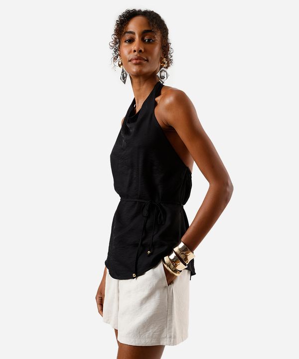 blusa frente única feminina com viscose com amarração texturizada preta GG