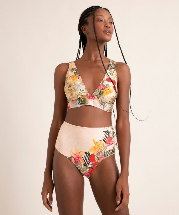 biquíni calcinha hot pant estampado flor de jambo proteção uv50+ além dos mares salvador preta gil bege M